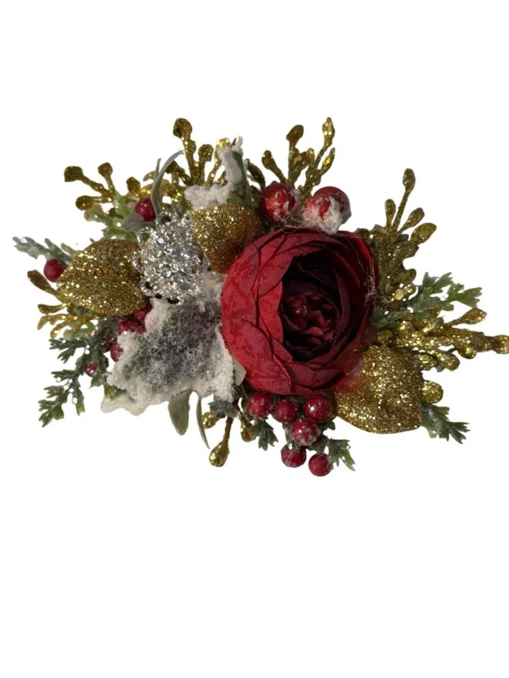 Pretty Little Jettie Holiday Floral Clip Glitter Accents Red Rose Gold Leaves &